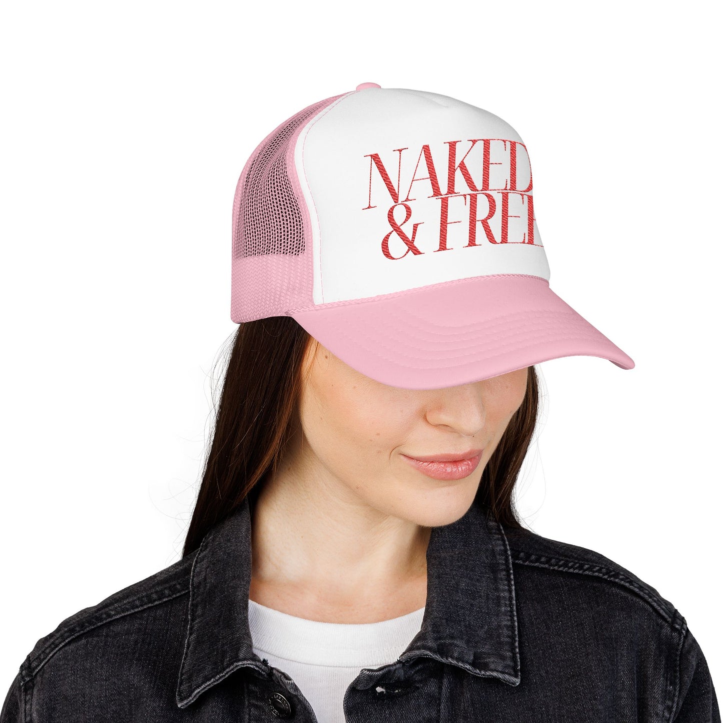 Trucker Hat — “NAKED & FREE” Bold Script Foam Trucker