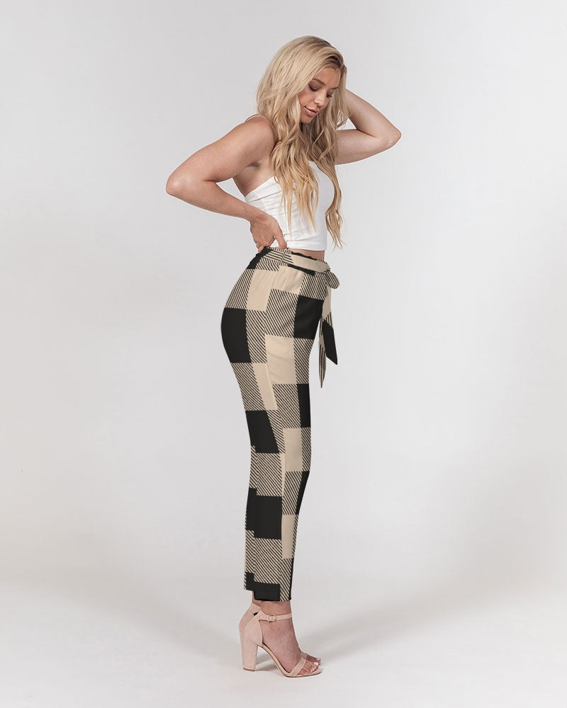 Plaid Print Skinny Belted Tapered Pants