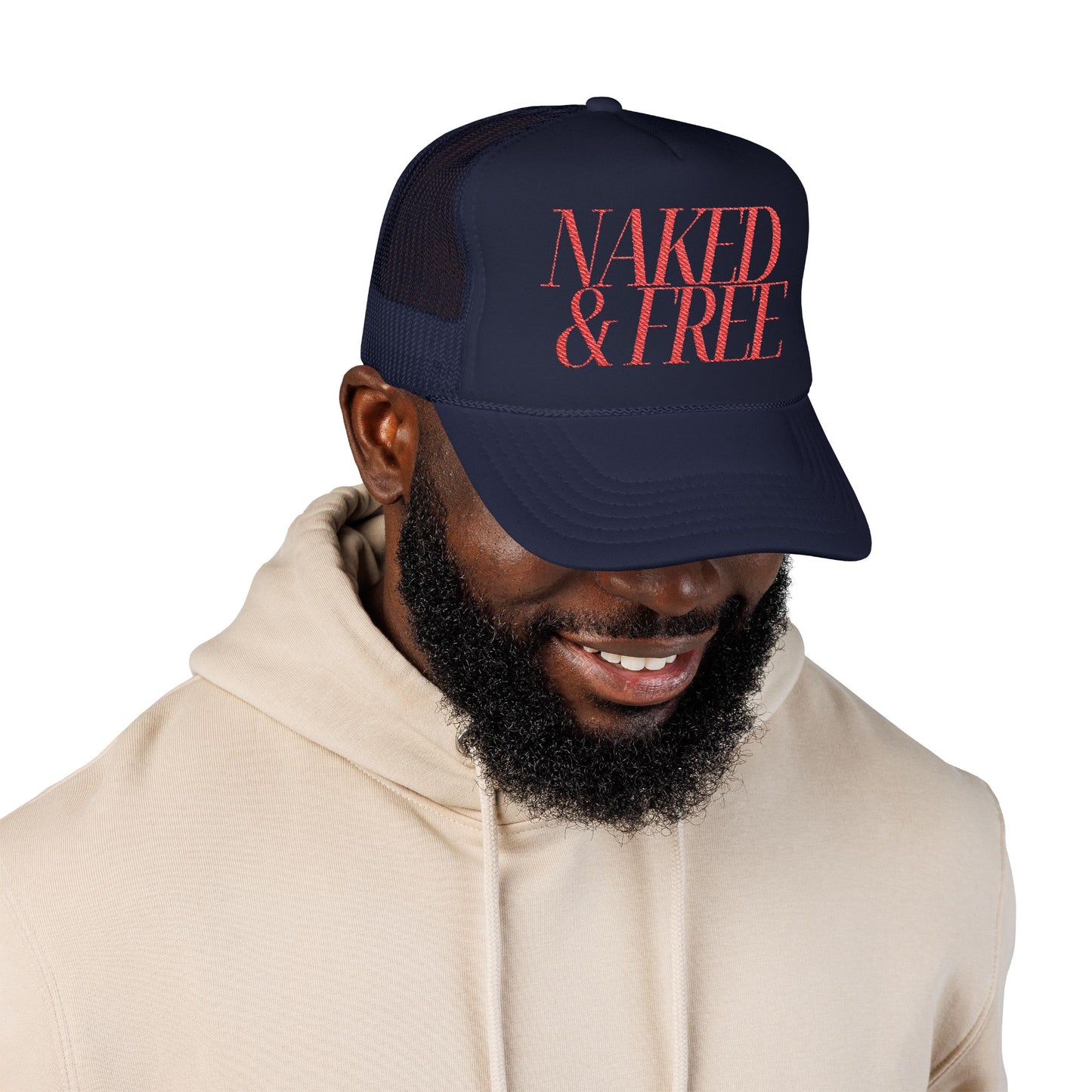 Trucker Hat — “NAKED & FREE” Bold Script Foam Trucker
