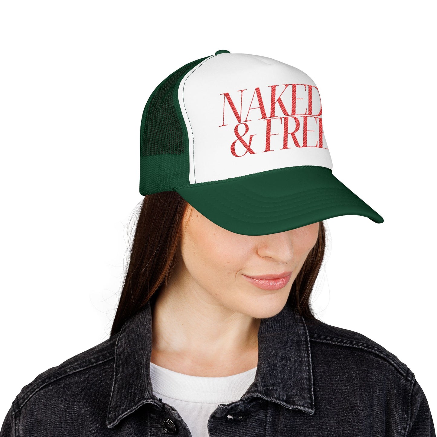 Trucker Hat — “NAKED & FREE” Bold Script Foam Trucker
