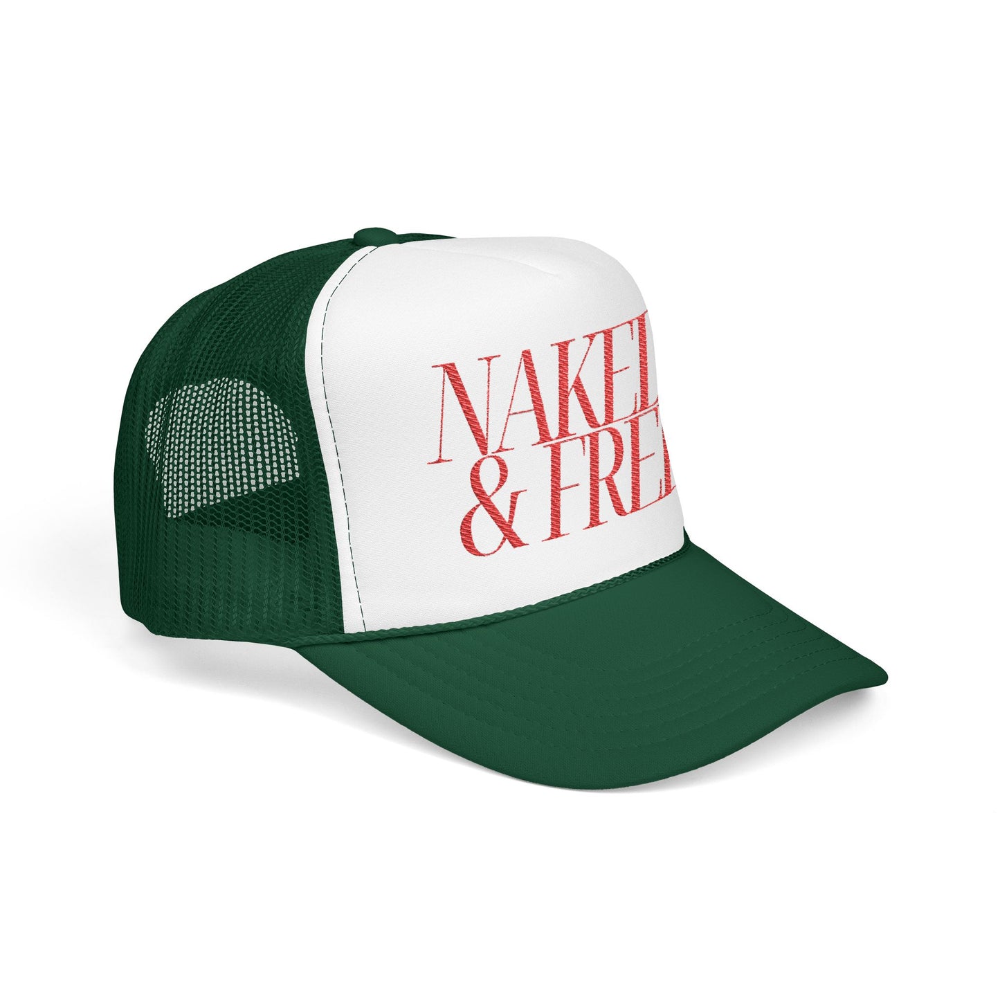 Trucker Hat — “NAKED & FREE” Bold Script Foam Trucker