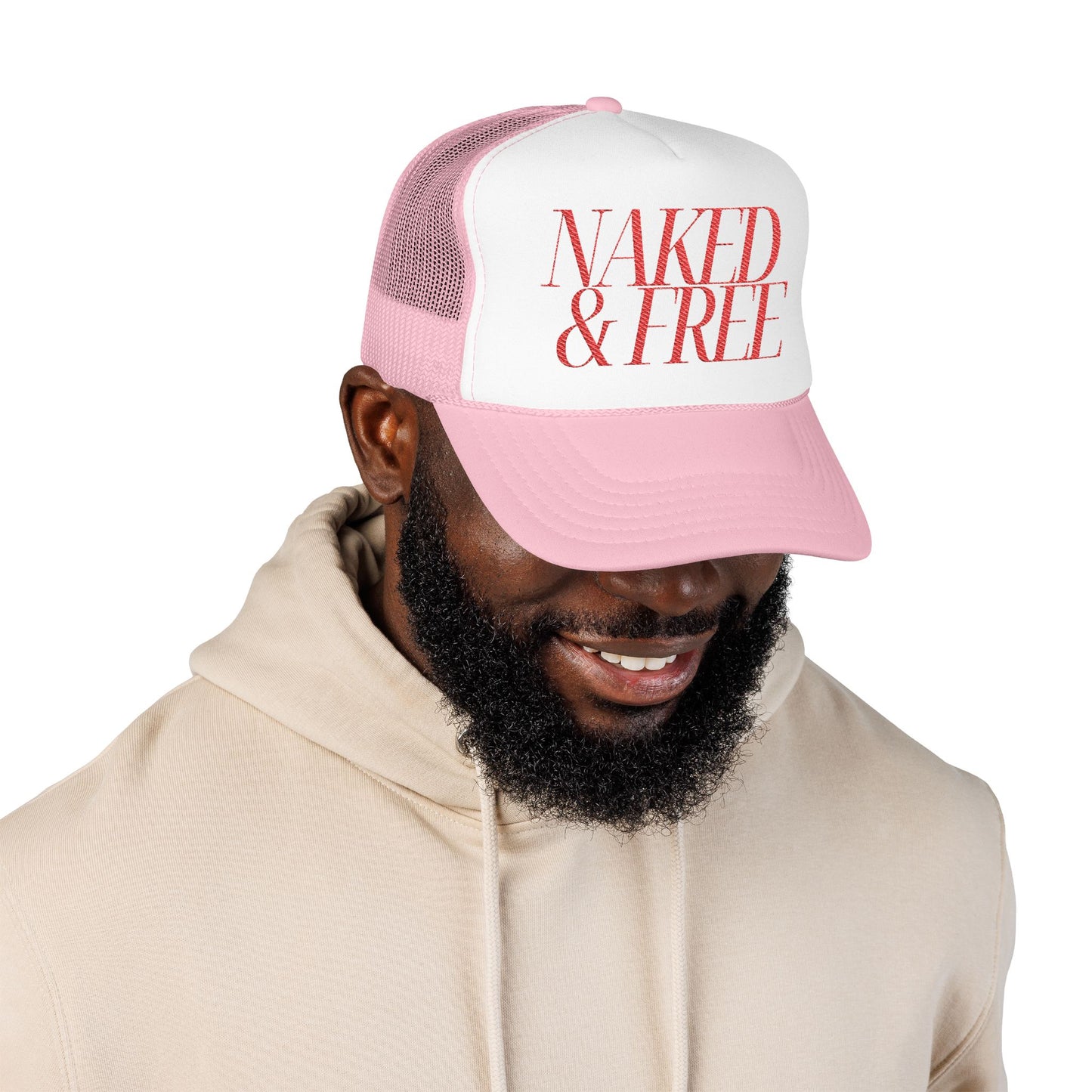 Trucker Hat — “NAKED & FREE” Bold Script Foam Trucker