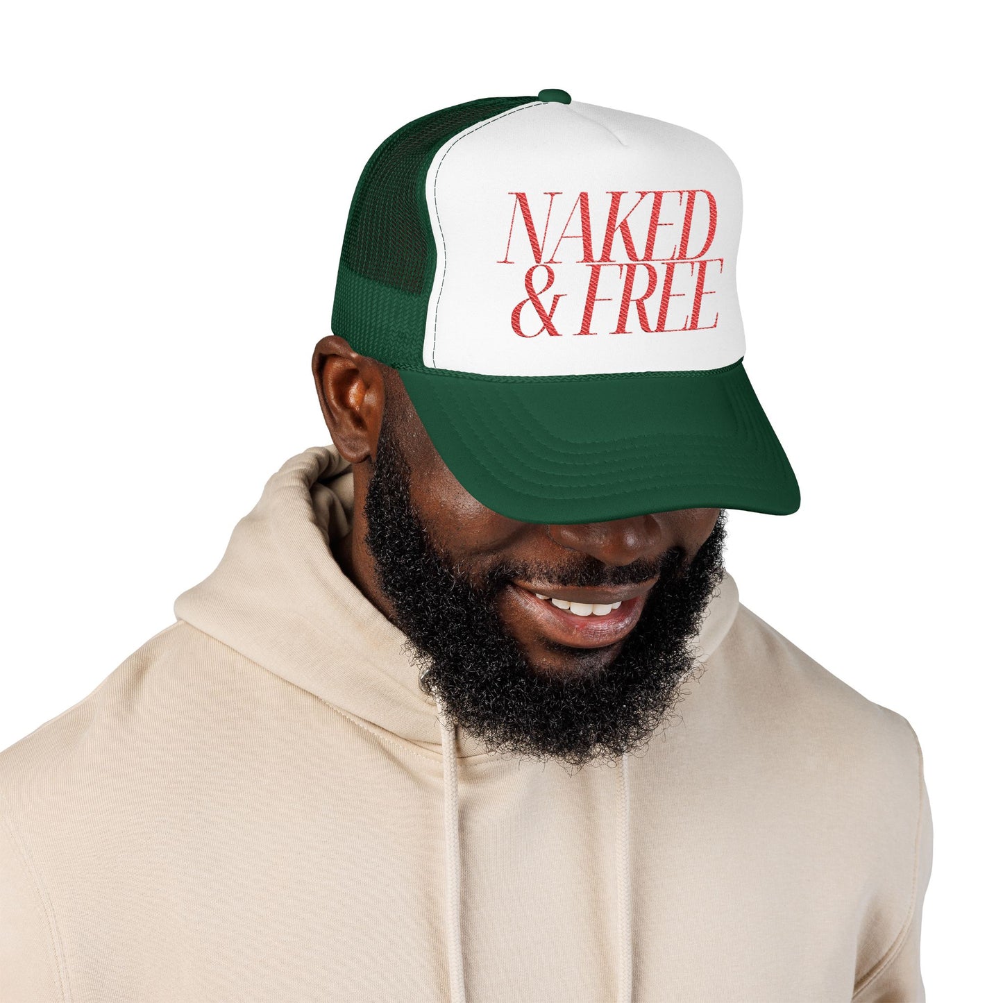 Trucker Hat — “NAKED & FREE” Bold Script Foam Trucker