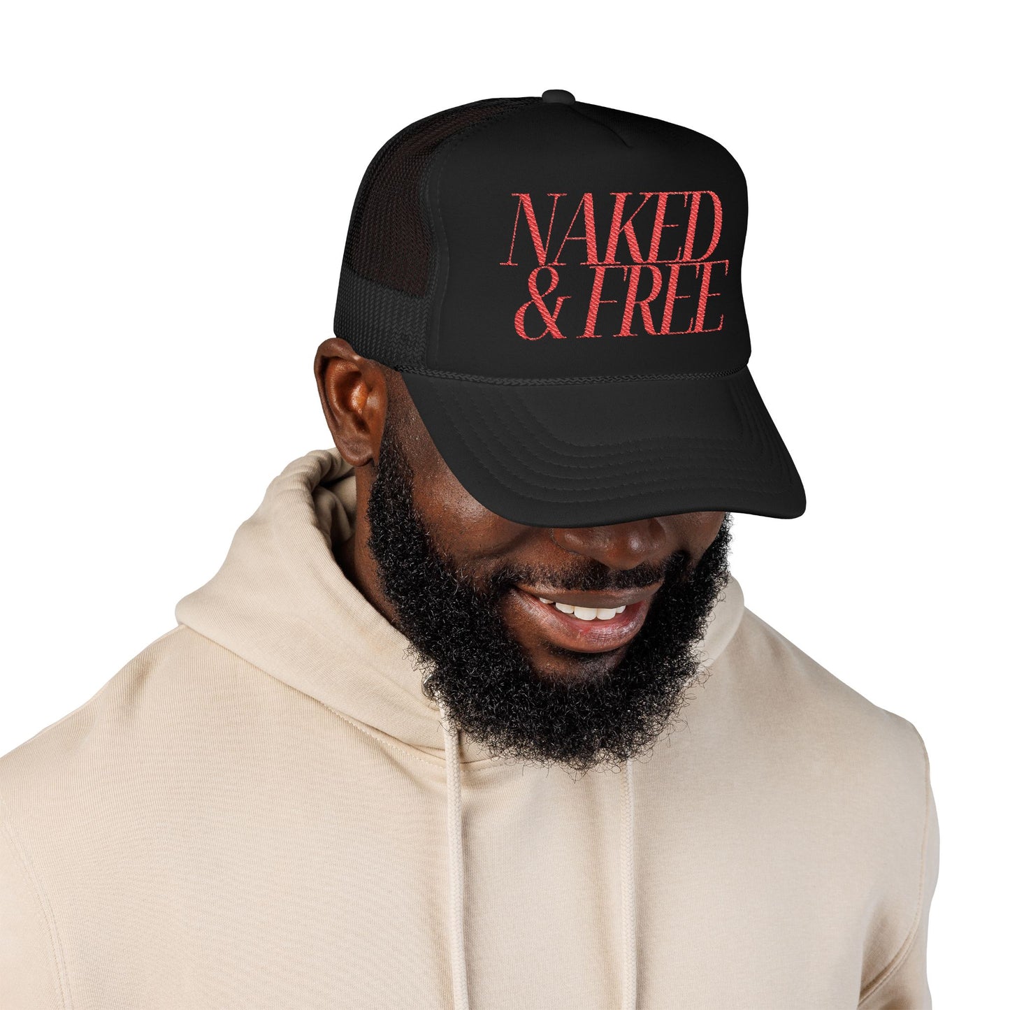 Trucker Hat — “NAKED & FREE” Bold Script Foam Trucker